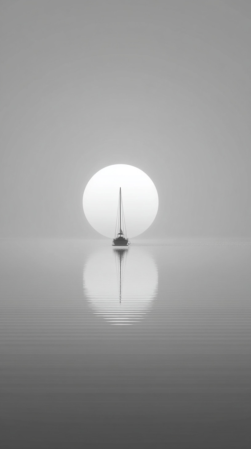 Un design minimaliste avec un bateau blanc au centre et un grand soleil