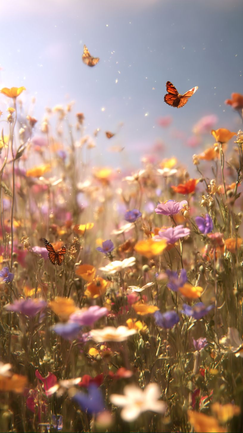 Eine lebendige Wiese mit Wildblumen, großen Blüten im Vordergrund und bunten Schmetterlingen, die sanft darüber fliegen, beleuchtet von sanftem Sonnenlicht