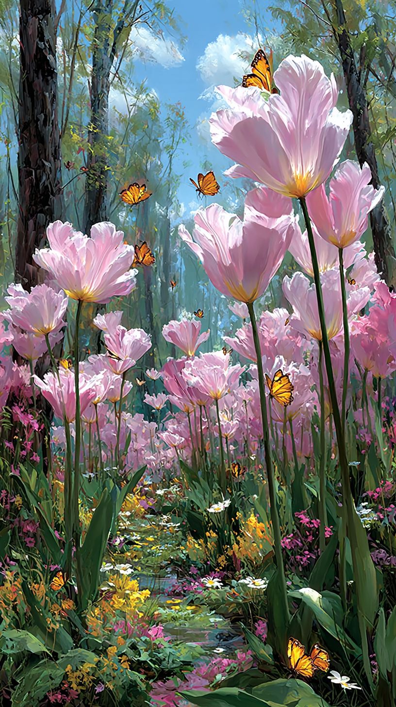A spring meadow with lush grass, pastel tulips, and a clear blue sky