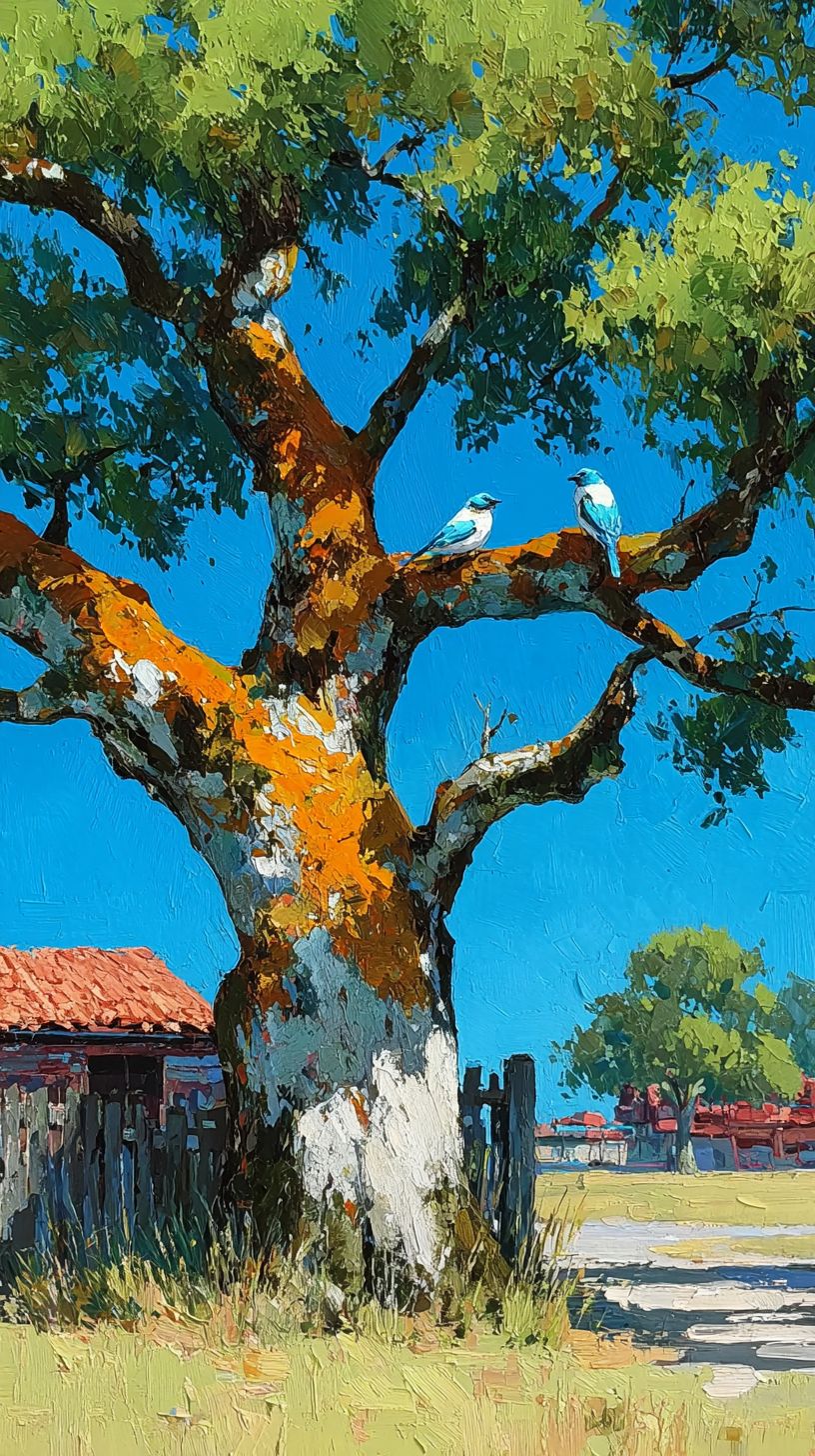 A vibrant oil painting features a towering oak tree with lush green leaves and two sparrows perched on its branches against a rustic wooden fence and vivid blue sky