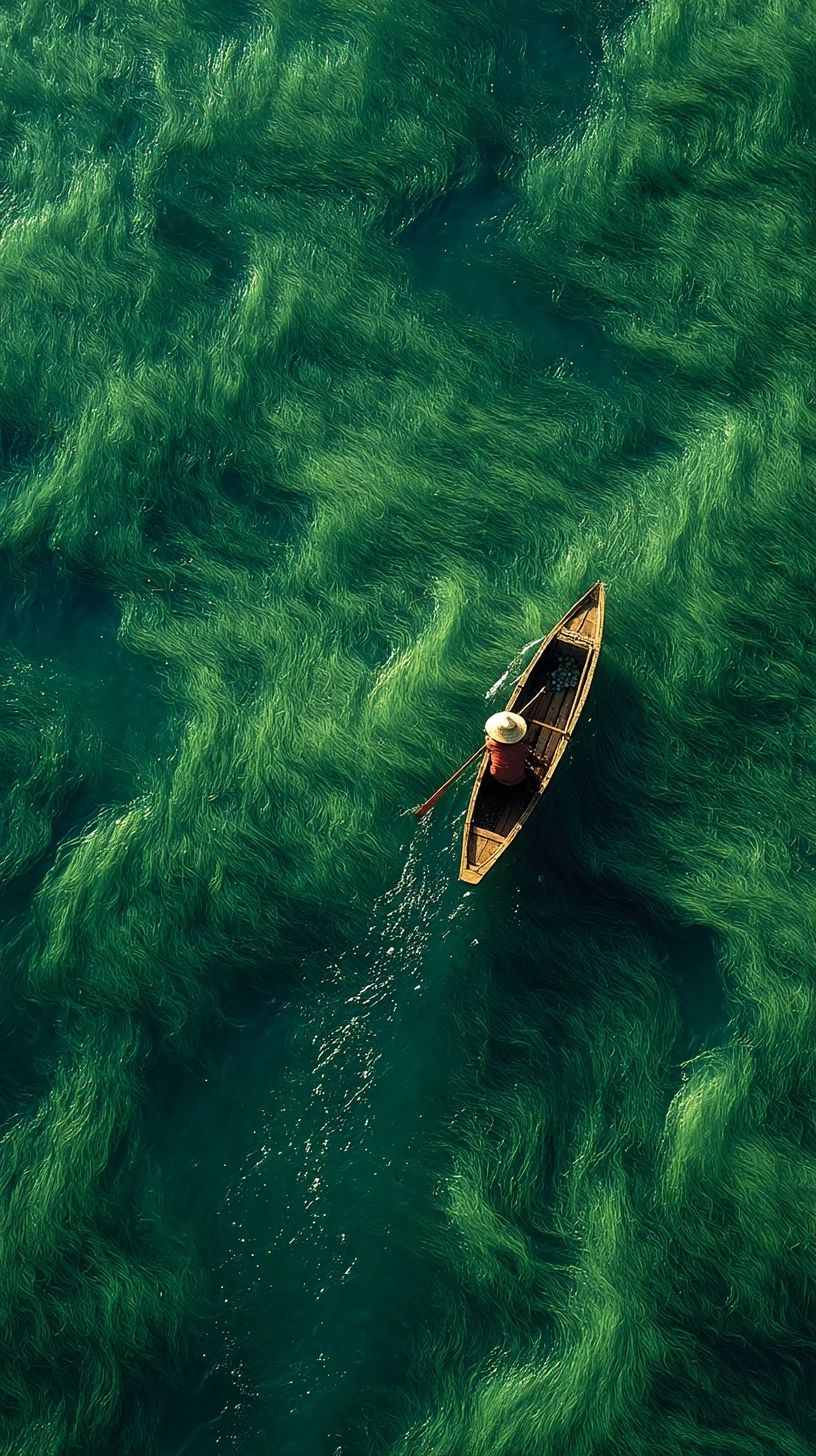 Um pescador rema em seu pequeno barco de madeira através de um mar de ervas marinhas verdes