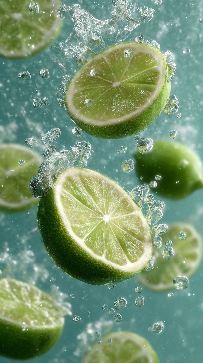 Several photos of lemon slices falling into water