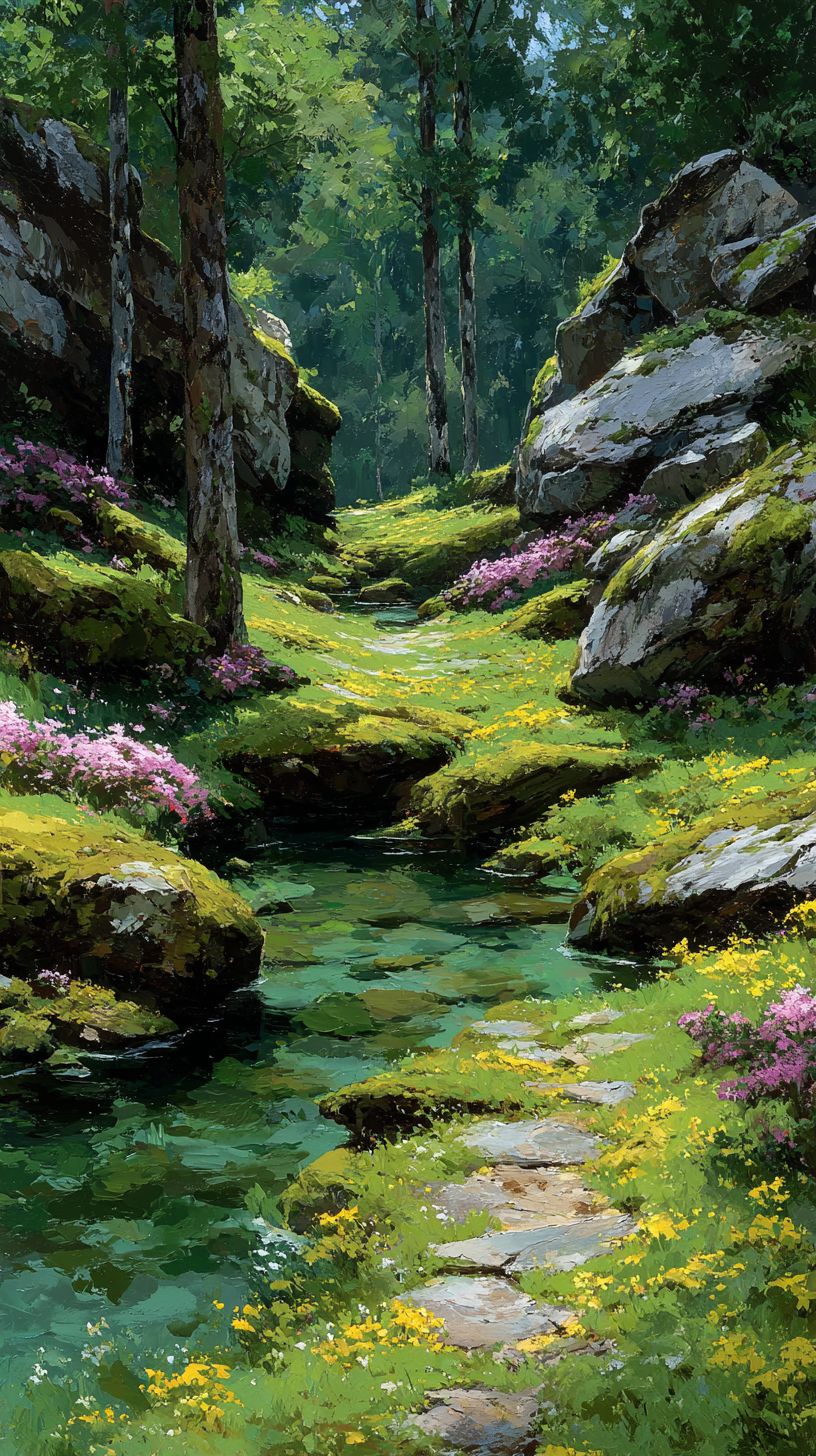 A tranquil forest with blooming plants and a clear stream