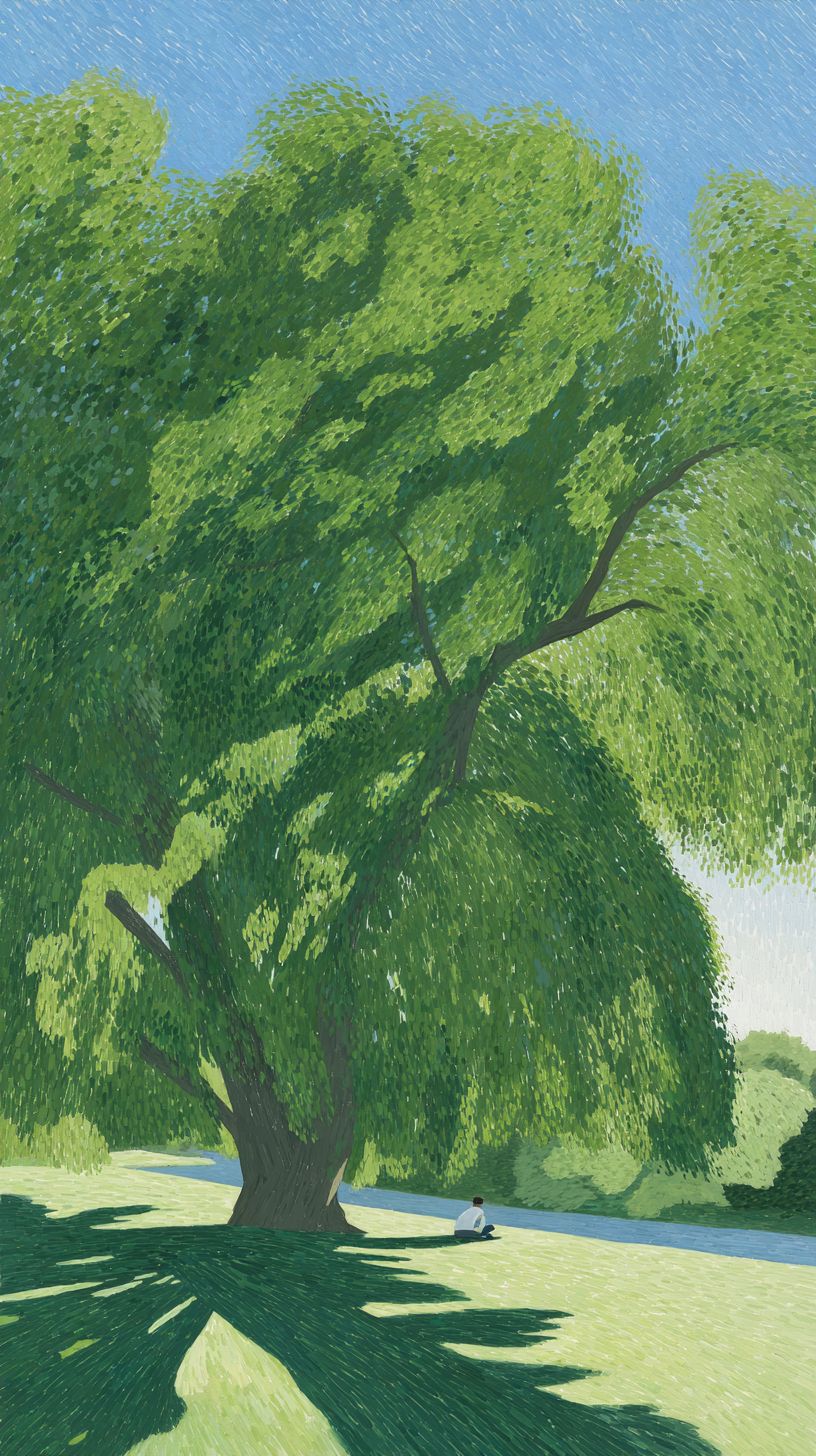 a painting of a huge green tree and two people sitting on the grass
