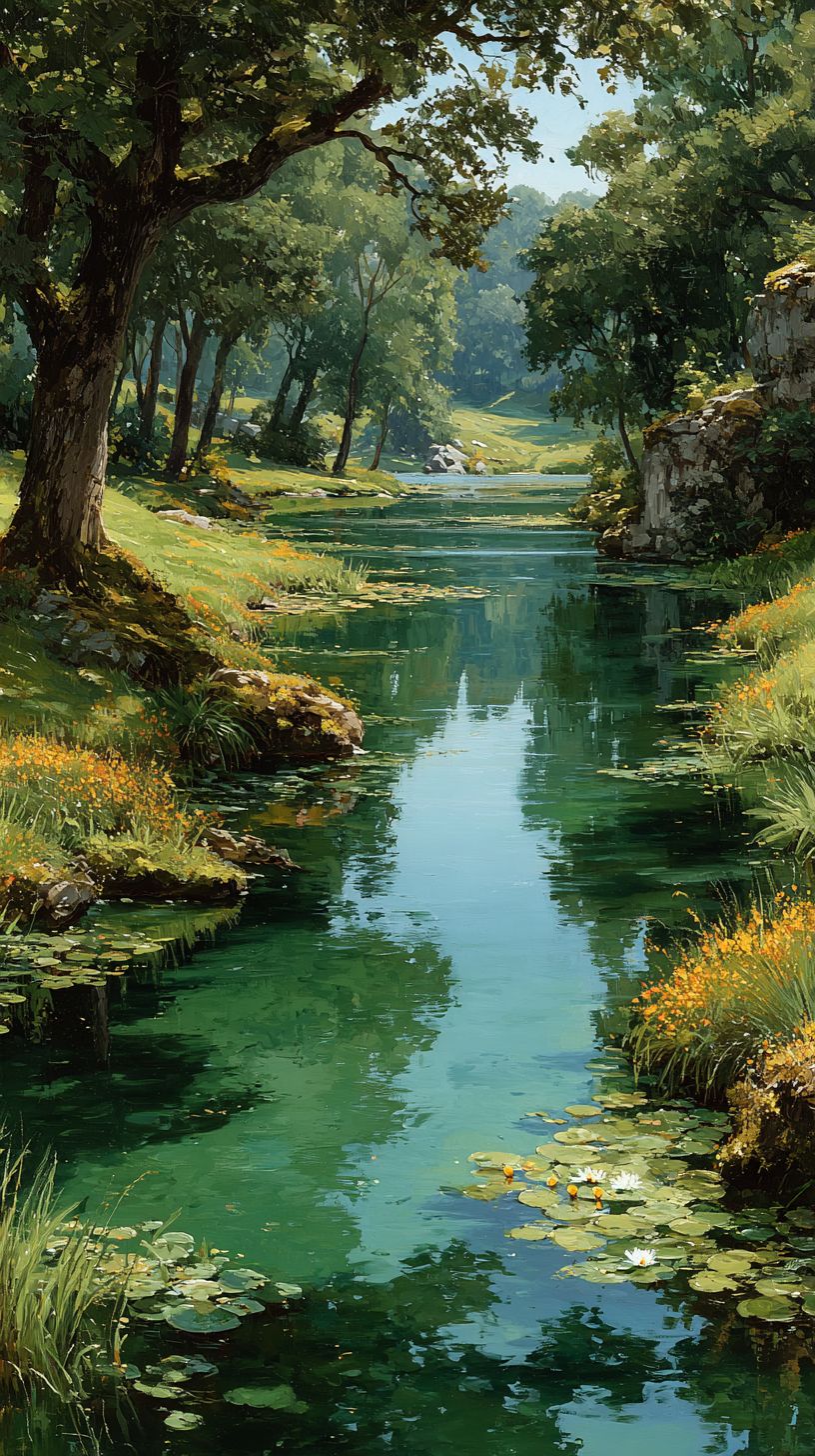 Ein ruhiger See mit grünen Bäumen und blühenden Seerosen