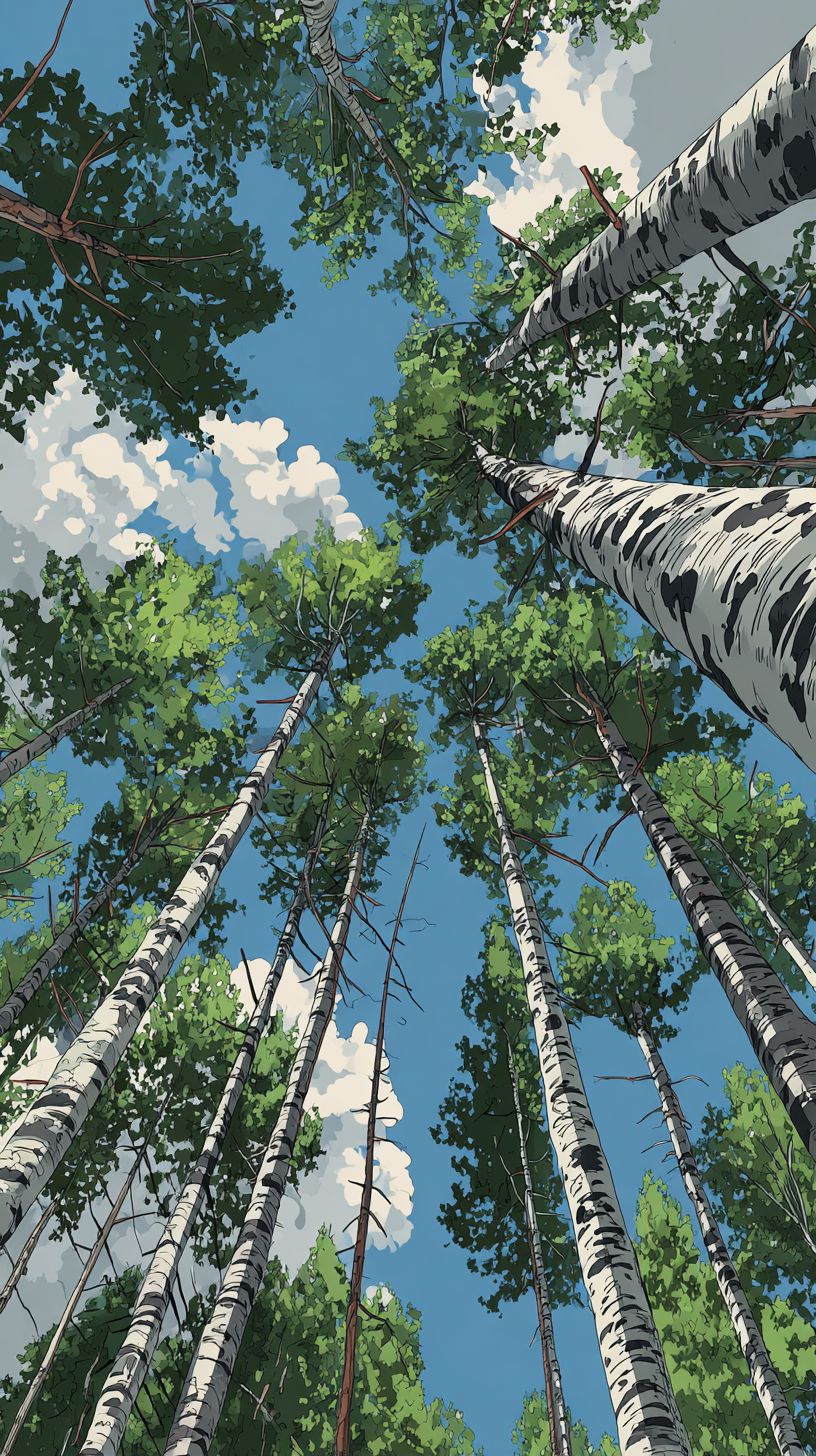 Un bosque visto desde un ángulo bajo con árboles altos y rectos, corteza con un patrón en blanco y negro, y hojas verdes densas bajo un cielo azul claro con algunas nubes blancas presentado en un estilo de pintura decorativa fresco y de dibujos animados
