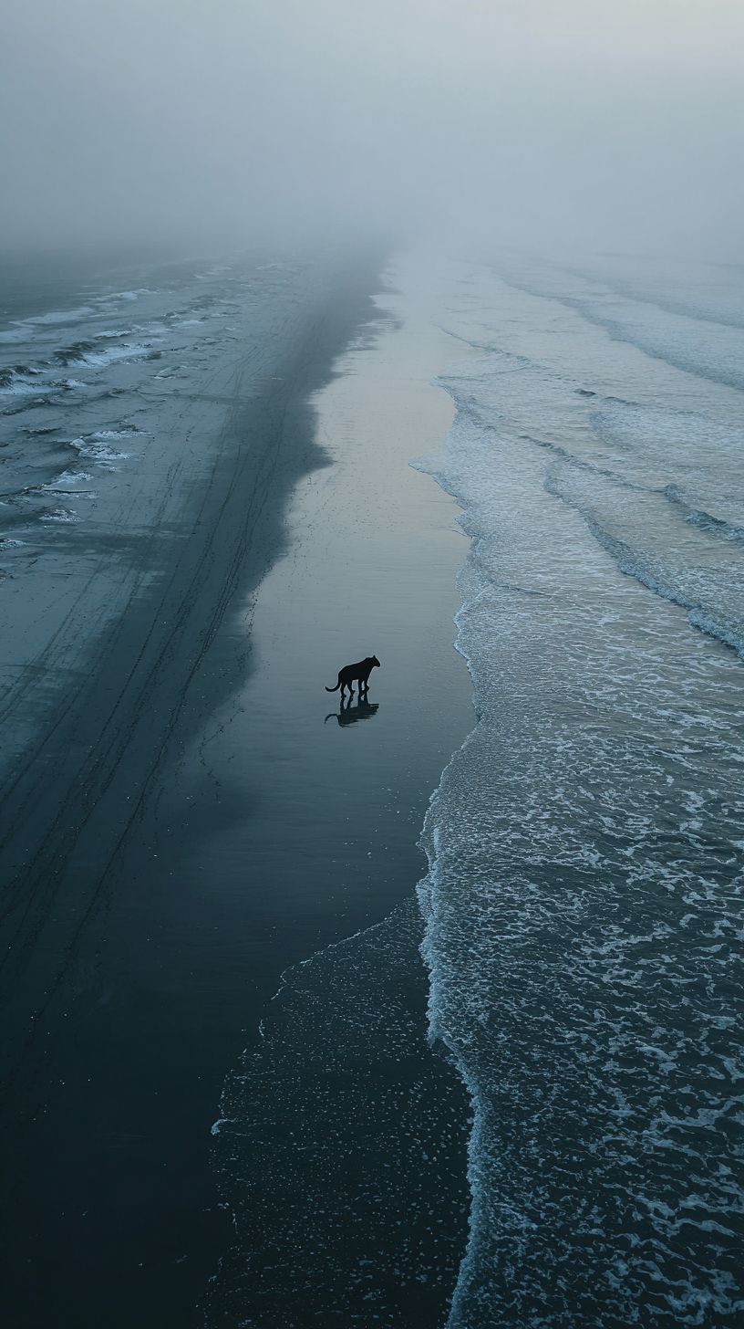 黑豹在霧蒙蒙、寒冷的海灘上獨自奔跑