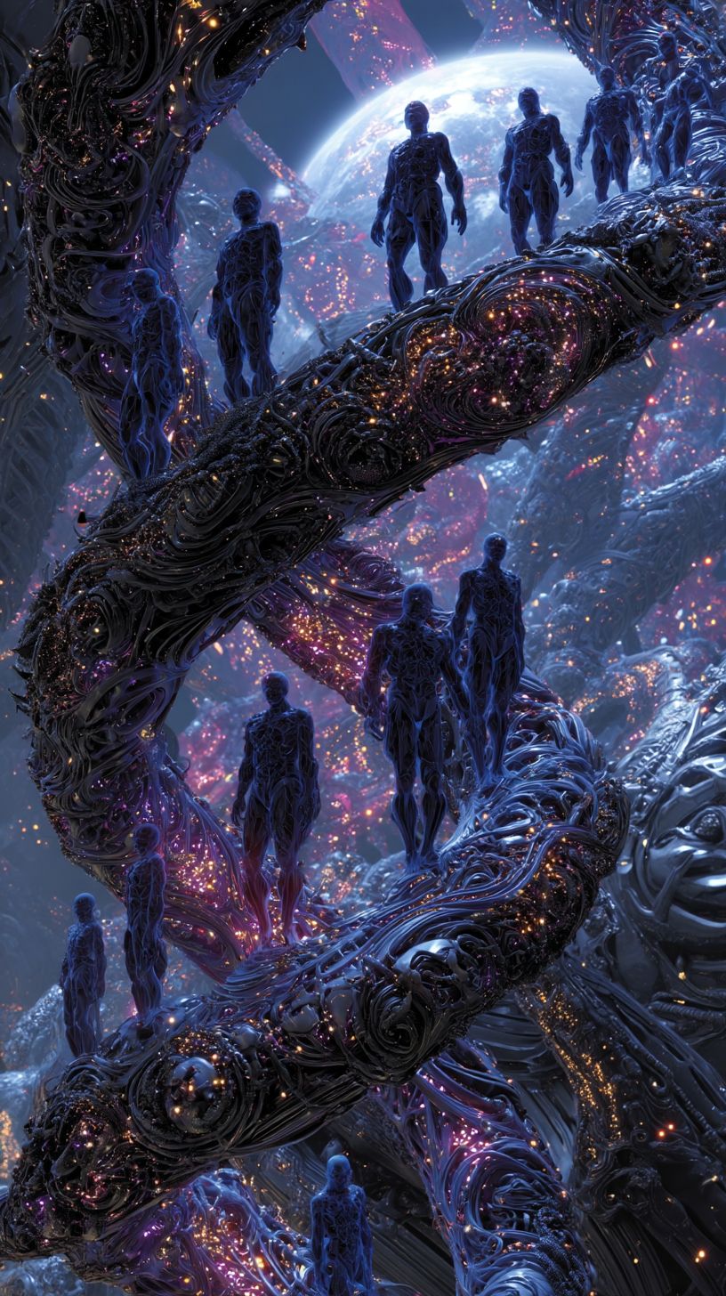 Una Tierra hecha de hebras de ADN en espiral con humanos caminando a lo largo de cada hélice