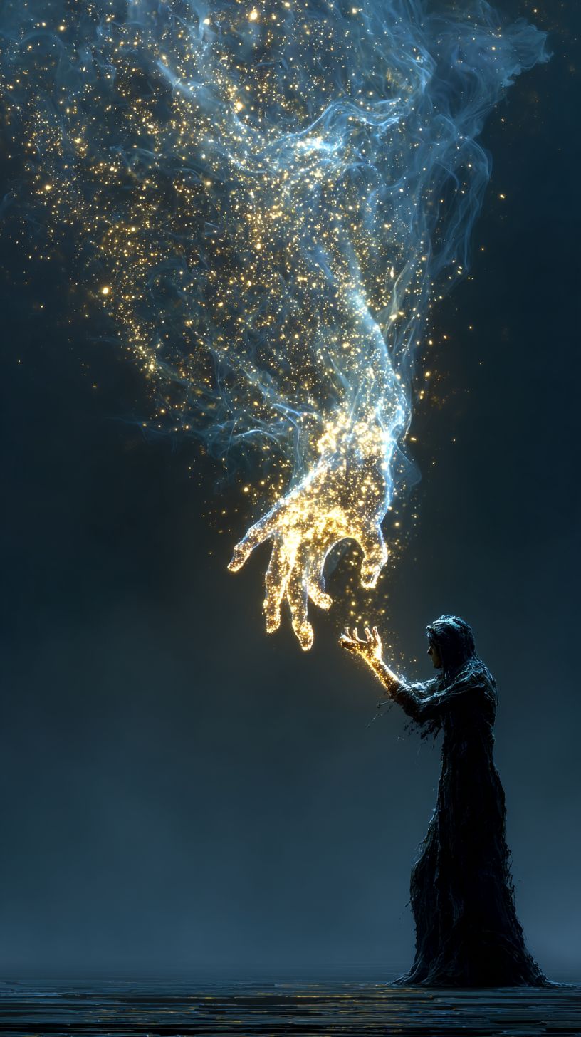 A hand reaches for a glowing thread symbolizing restoration