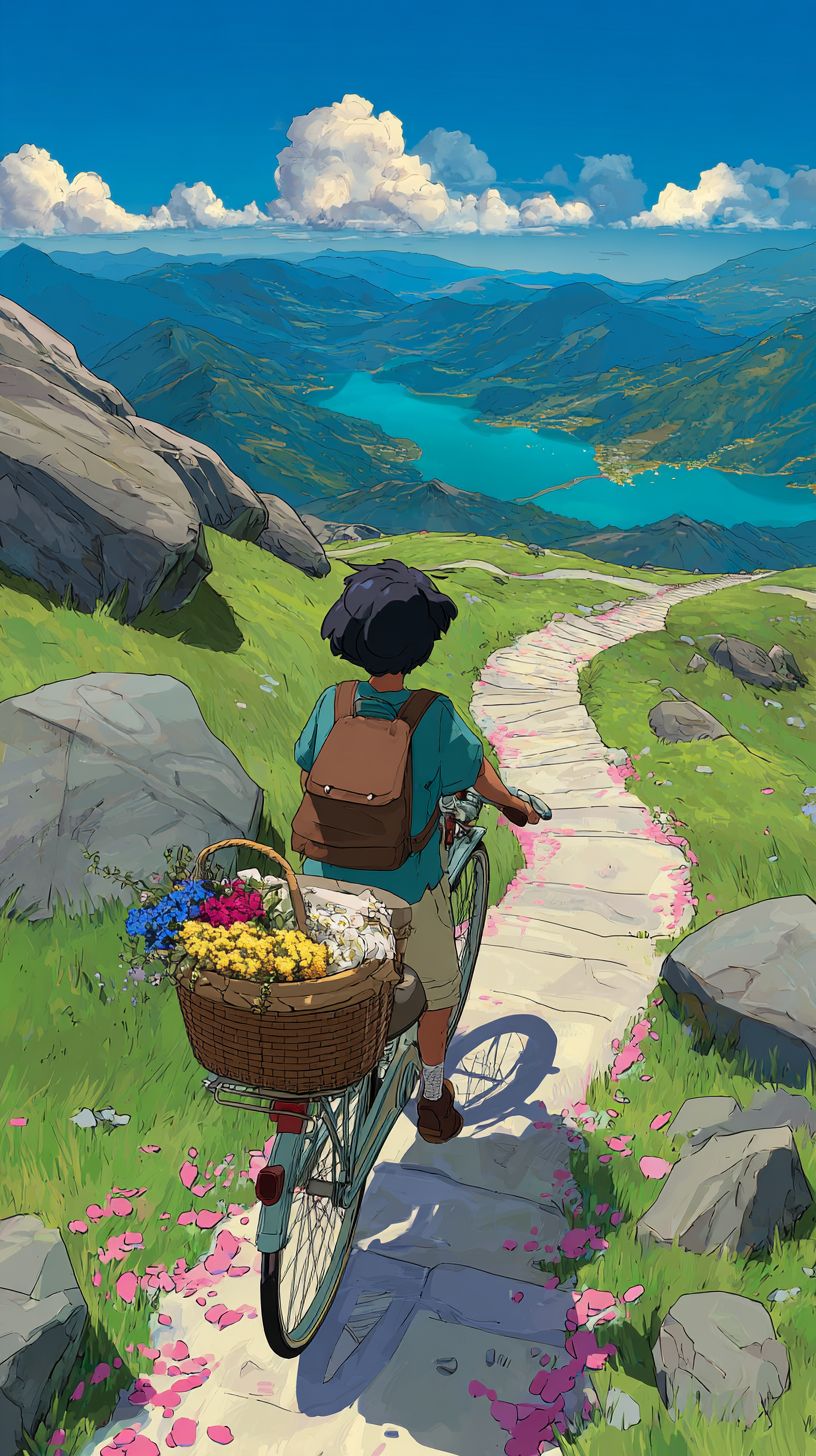 Uma criança monta de bicicleta em um caminho montanhoso sinuoso com uma cesta cheia de flores coloridas