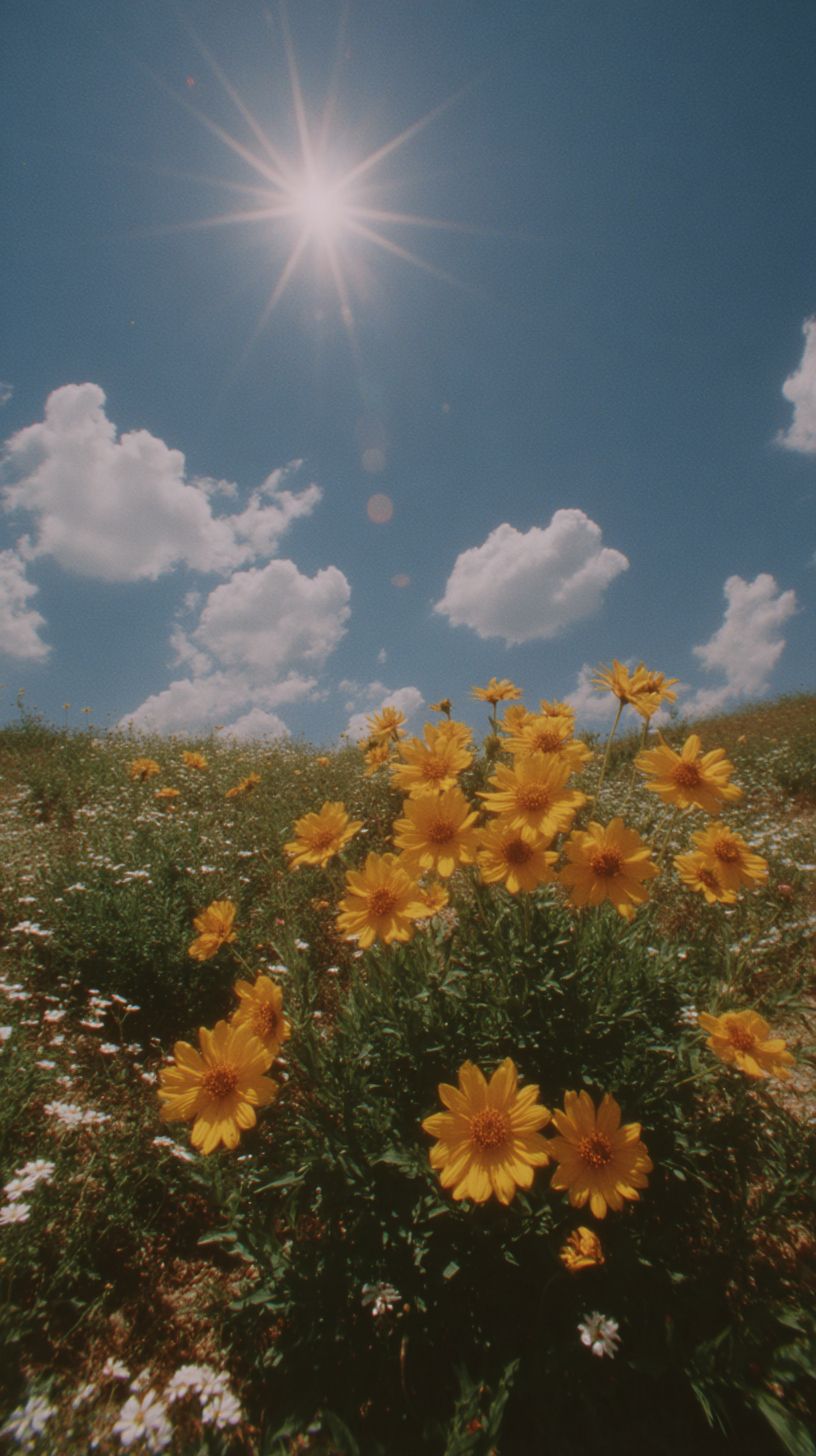 Um vibrante campo de girassóis floresce contra um céu azul claro irradiando energia e alegria