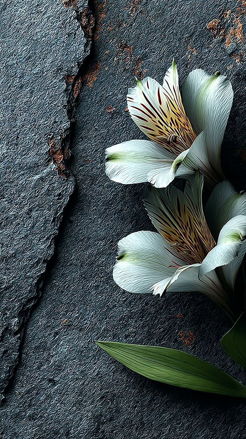 Pure slate gray background with a single white lily in the bottom right minimalist and elegant
