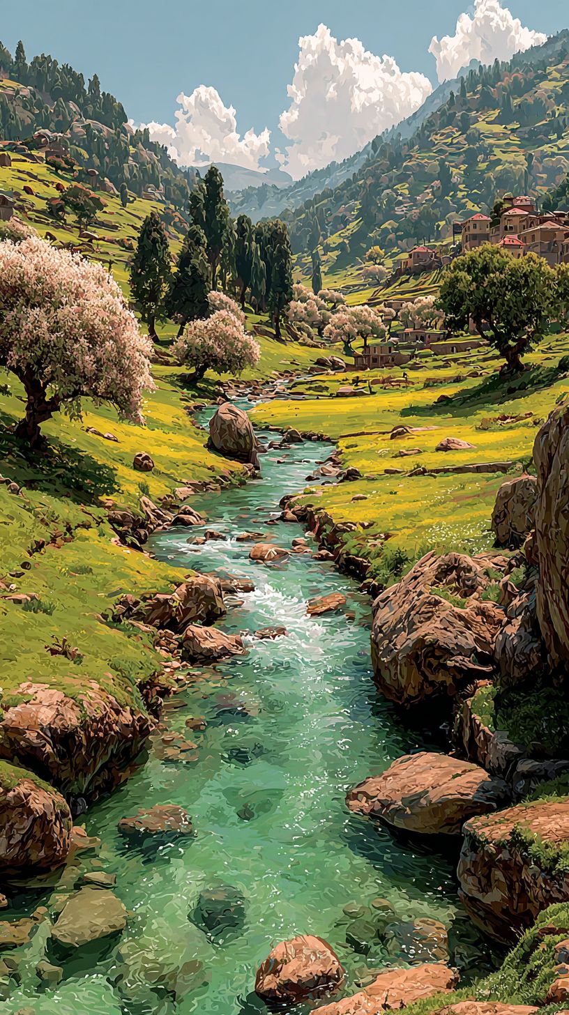 A spring valley with green hills, blooming orchards, and a clear stream