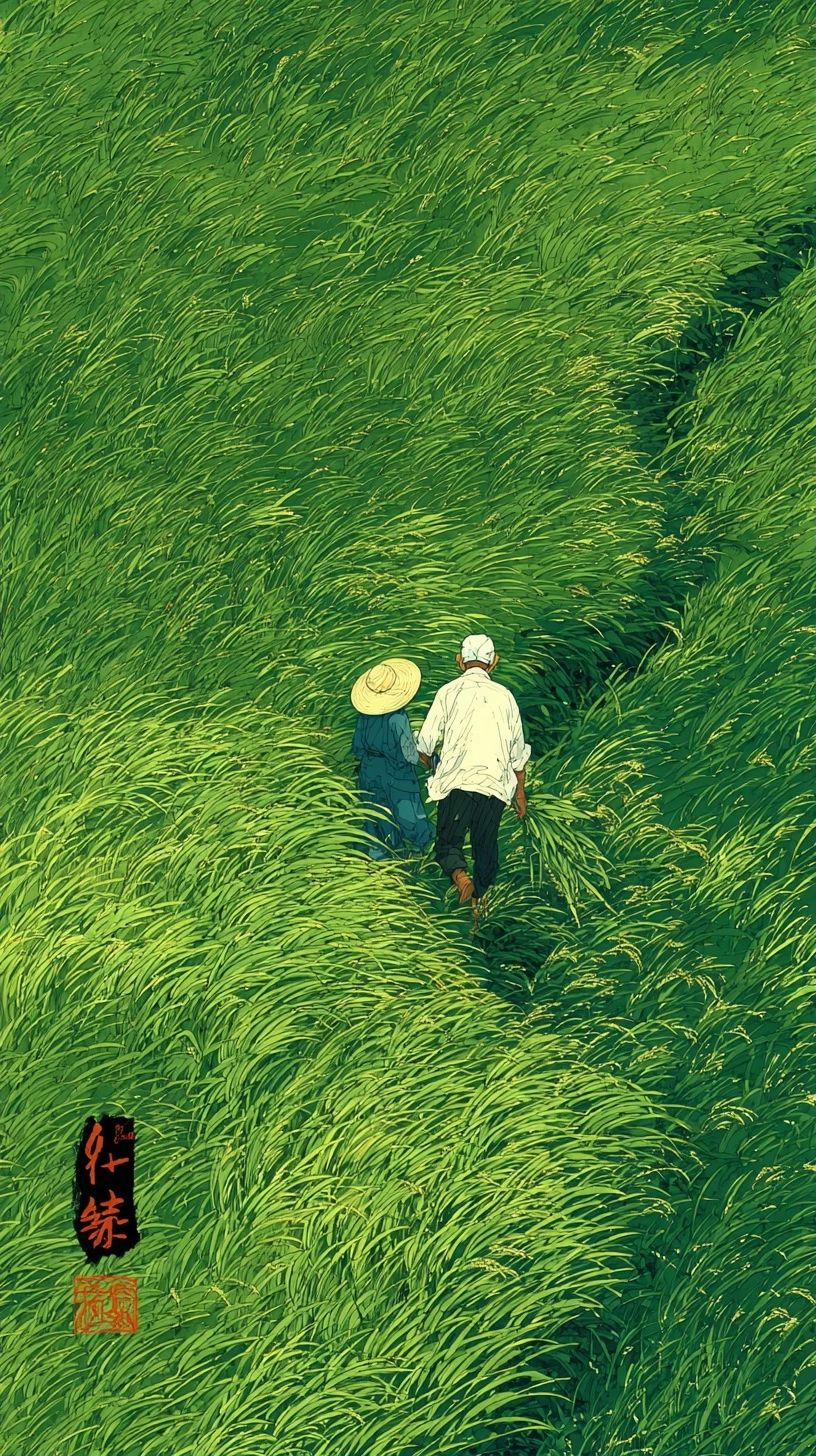 两位中国农民在绿色小麦田里劳作