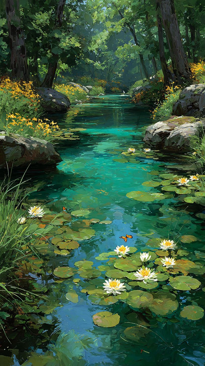 Ein Frühlingssee, umgeben von grünen Bäumen und blühenden Lilien, mit sanftem Sonnenlicht und glücklicherweise fliegenden Schmetterlingen