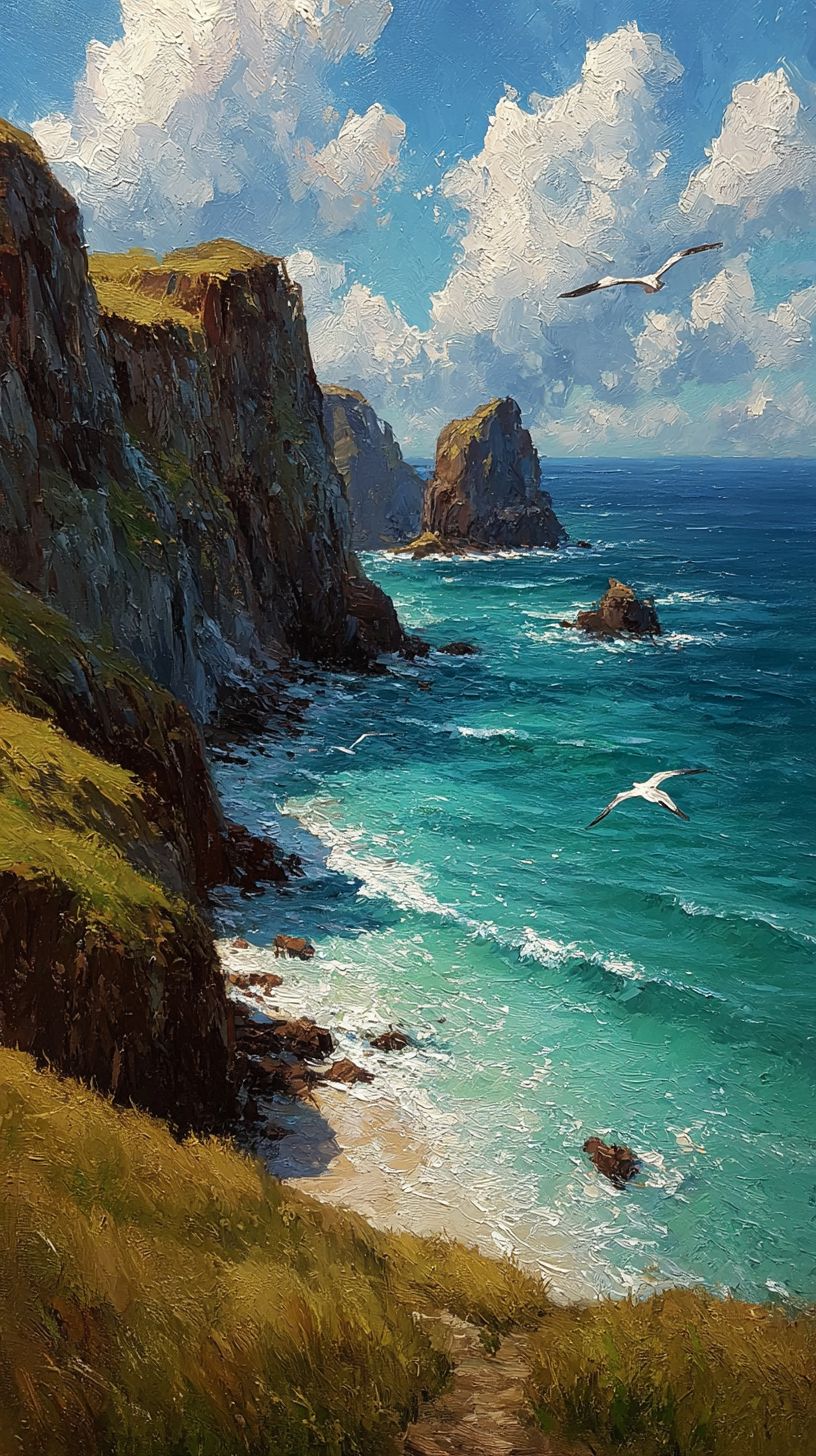 Peinture à l'huile d'une falaise marine avec des vagues bleues vives et deux mouettes en vol