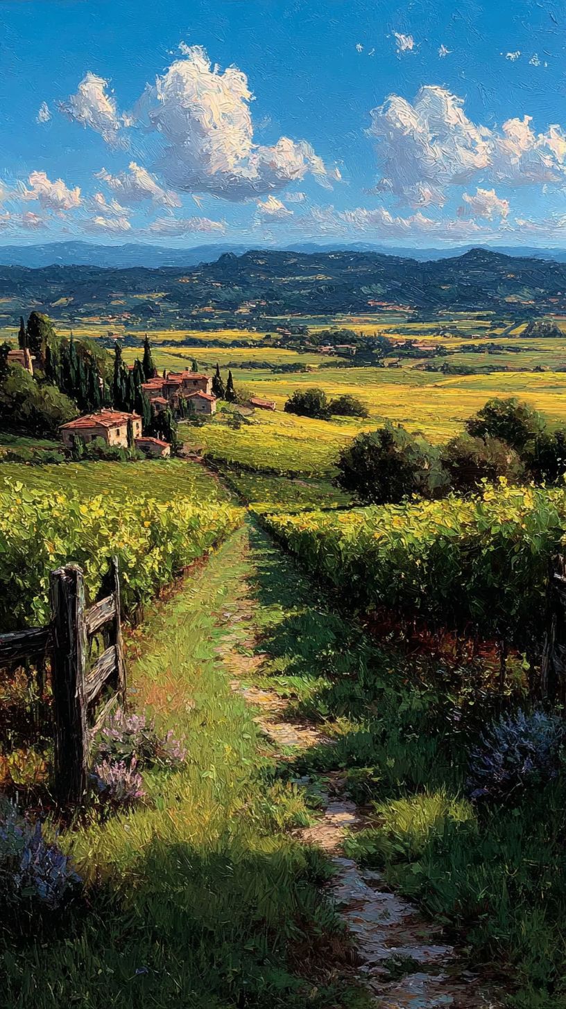 An oil painting of a vineyard showcasing lush green vines and a warm summery atmosphere