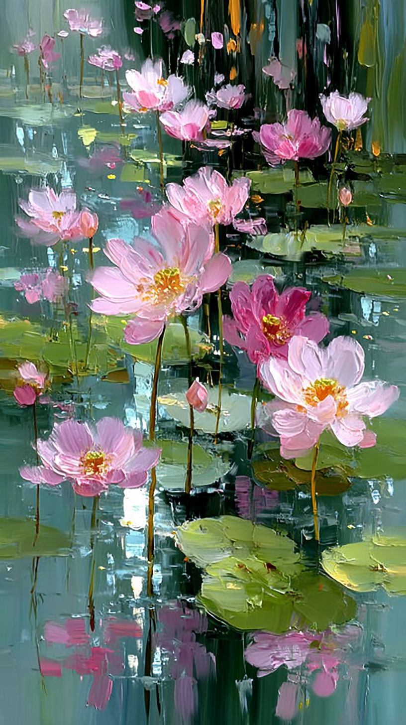 Impressionist-style lotus pond with soft pinks and greens, tranquil and elegant