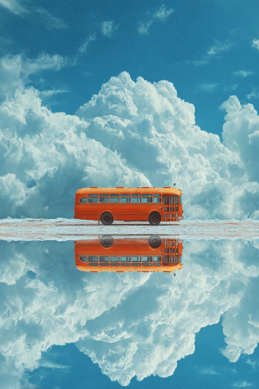 An orange-red old bus is at the center of the image surrounded by a dreamy blue sky and white clouds