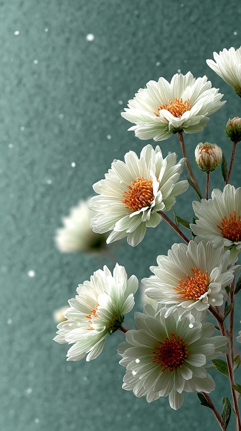 Fond minimaliste vert sauge avec un petit bouquet de marguerites blanches dans le coin inférieur droit et des accents délicats en perles au centre