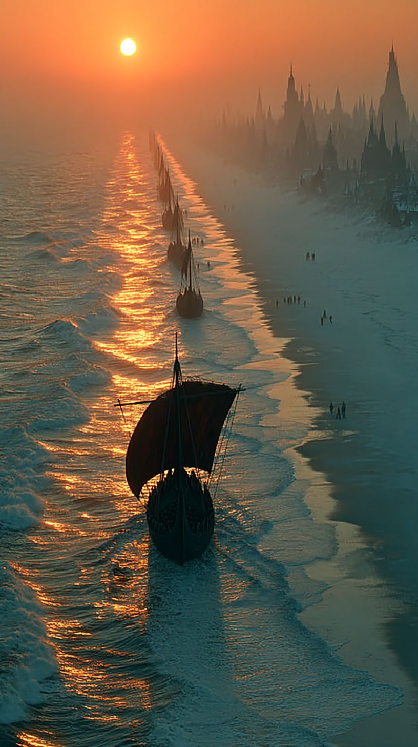 A frota vikinga navega em direção ao horizonte ao pôr do sol, trazendo terror do Norte.