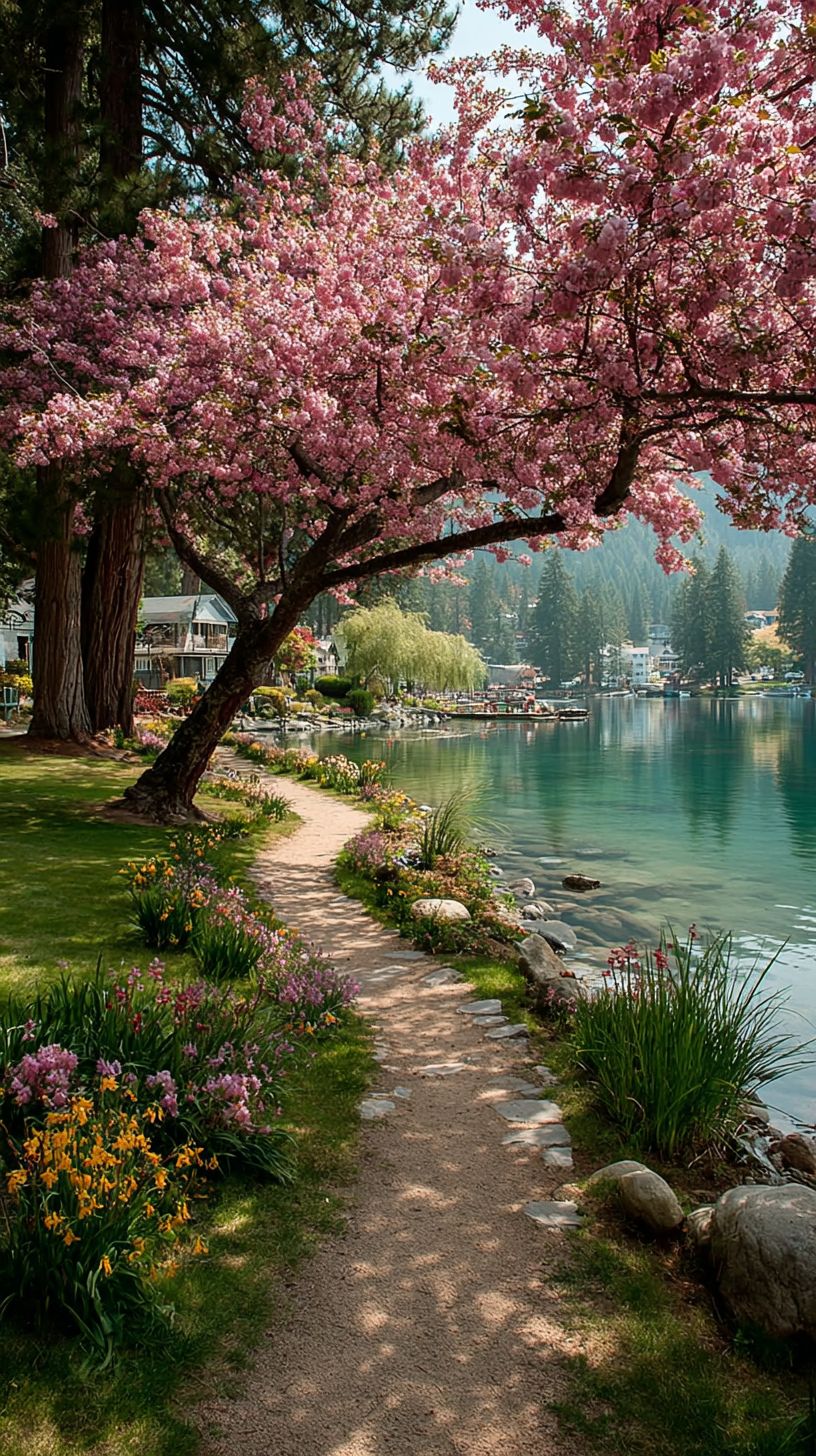 A spring park features lush green lawns and blooming cherry trees