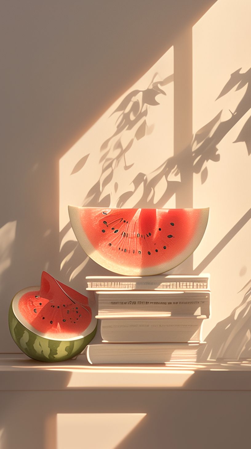 A beautiful watermelon slice is placed on several white books, with light and shadow shining through the window onto it.