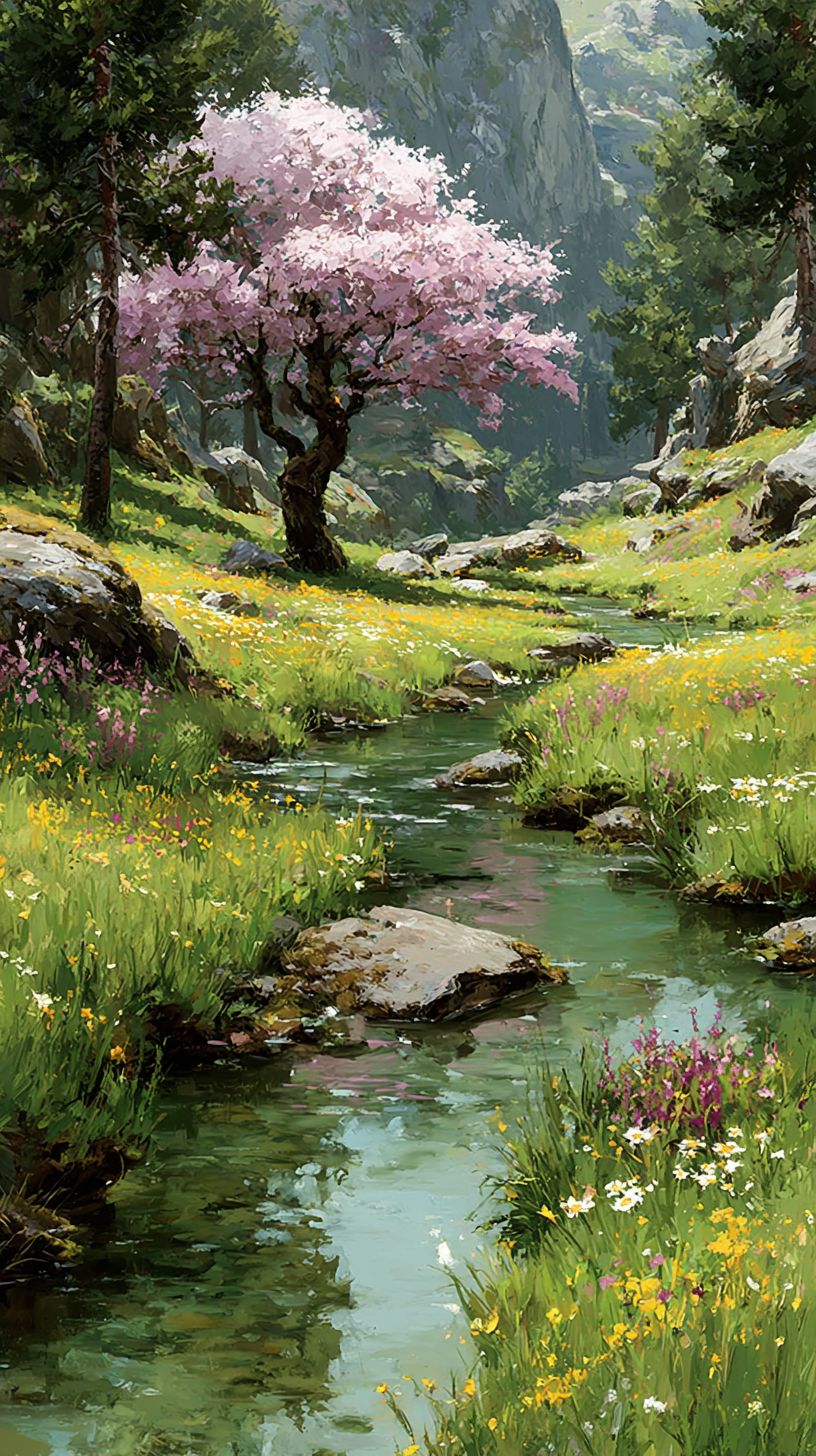 Un pré avec de l'herbe verte, des fleurs sauvages et un cerisier, avec un ruisseau reflétant le paysage et une douce lumière créant une atmosphère sereine