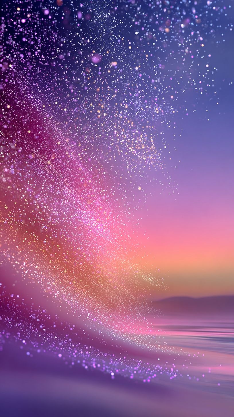 Gradient lavender-to-pink background with fine misty particles and soft glow