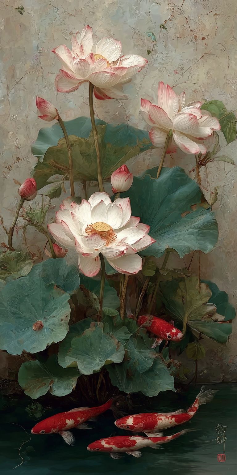 Eine Wand zeigt ein Gemälde einer weißen Lotusblume im traditionellen chinesischen Stil mit hellrosa und beigefarbenen Tönen, sorgfältiger Pinselarbeit, grünen Blättern und roten Fischen, die schwimmen