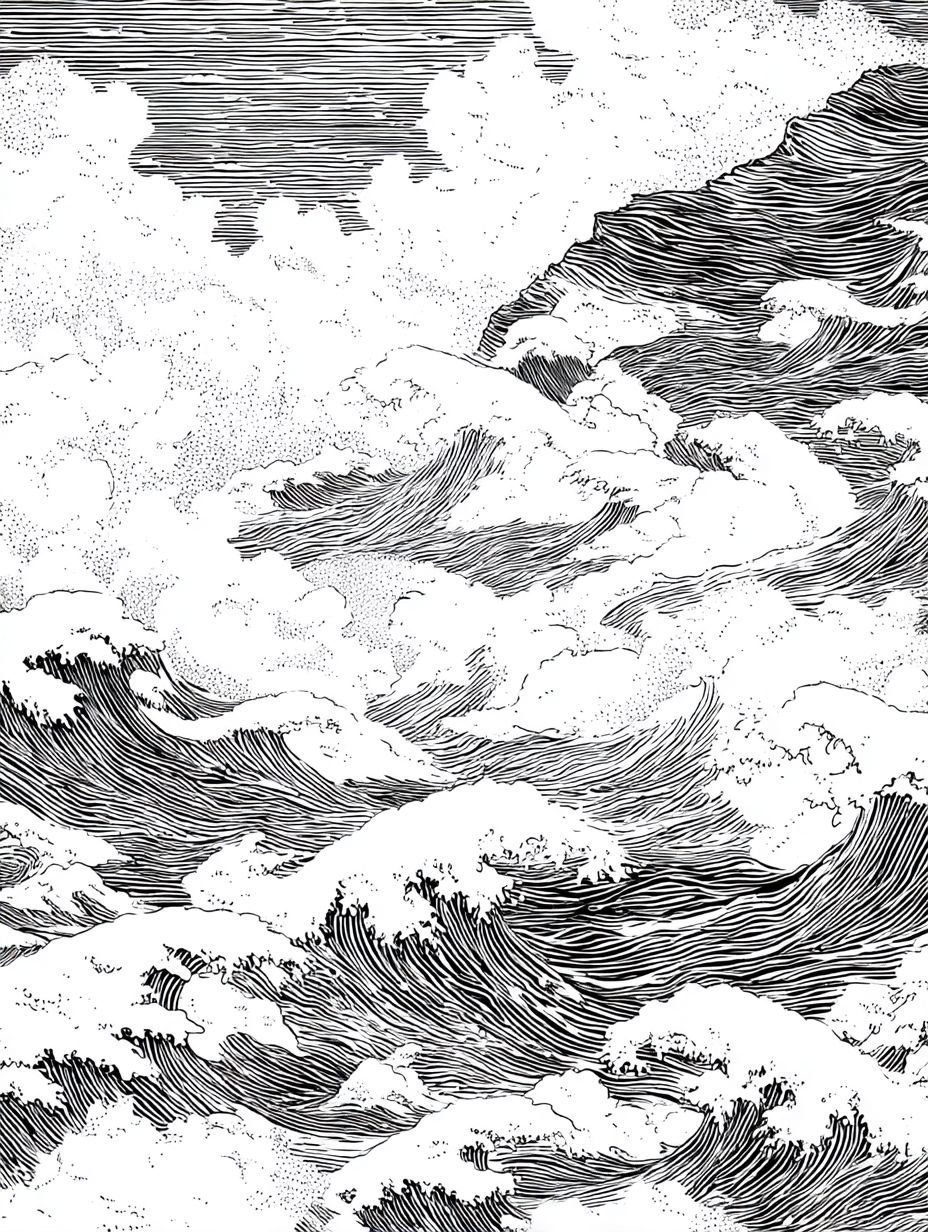 Padrão de onda de linha em textura japonesa, estilo mangá, em preto e branco