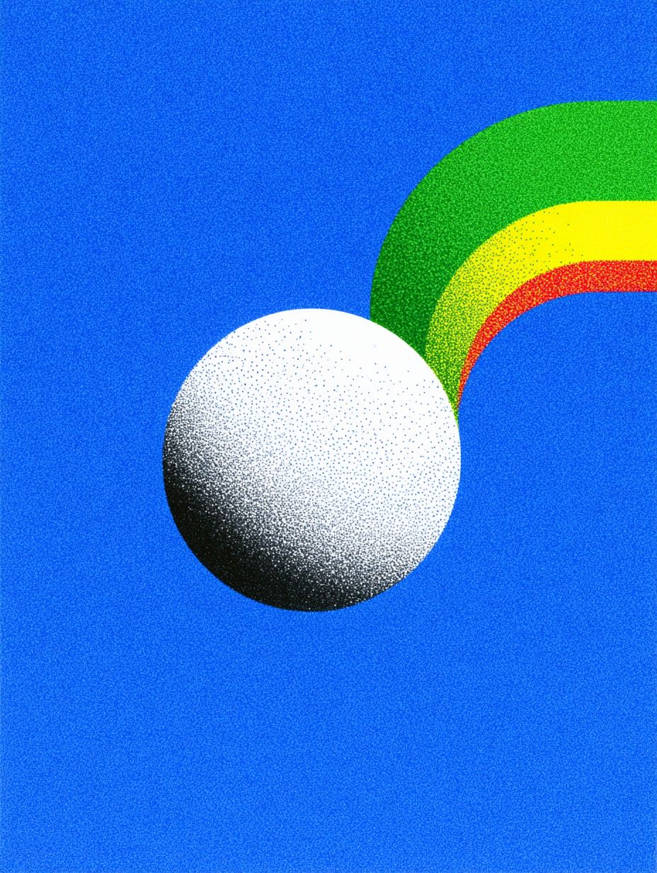 Ilustración de grandes formas verdes, amarillas y rojas en el cielo