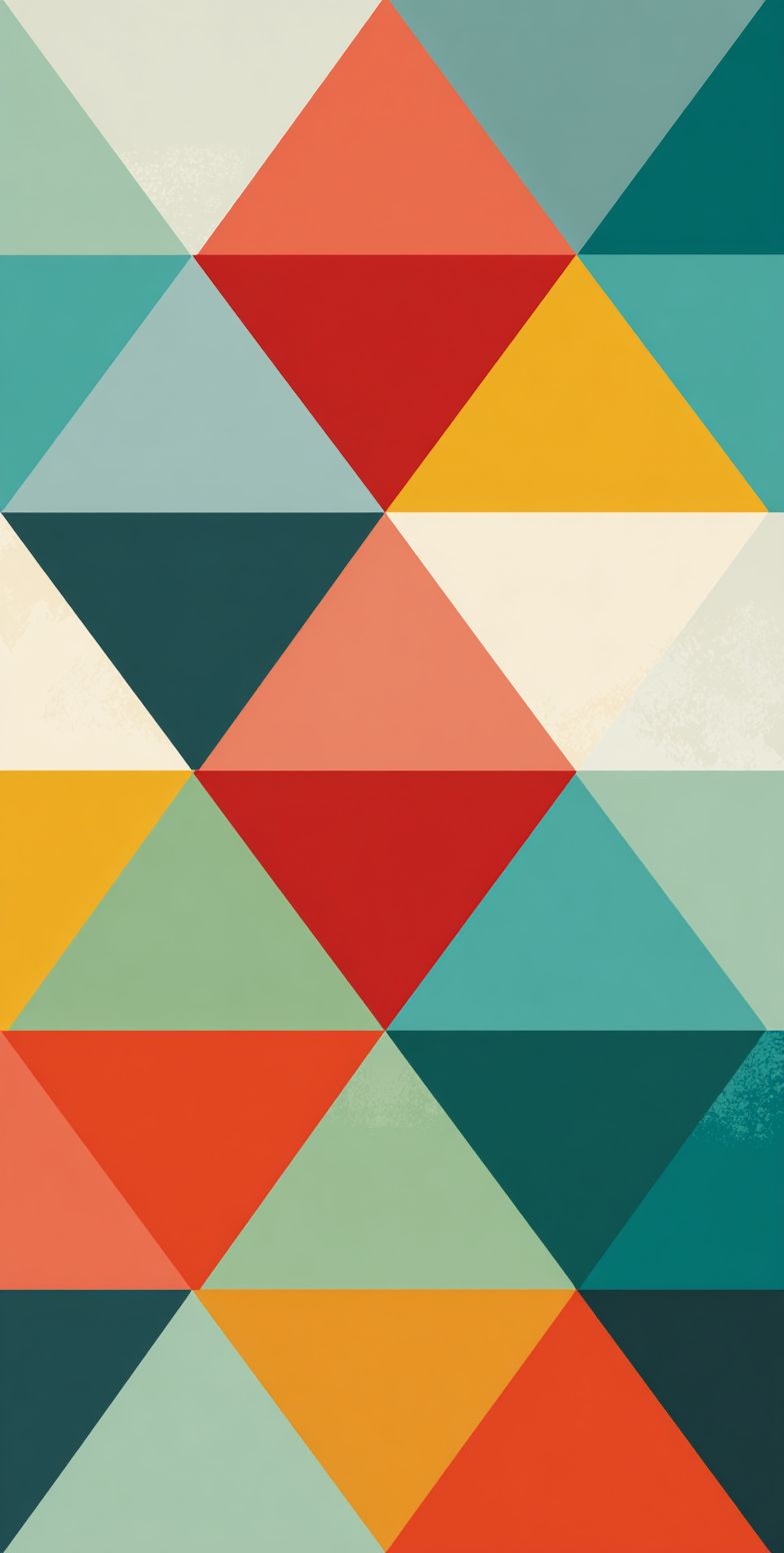 Patrón de triángulos geométricos coloridos en teal, coral y mostaza, ideal para decoración textil o de pared