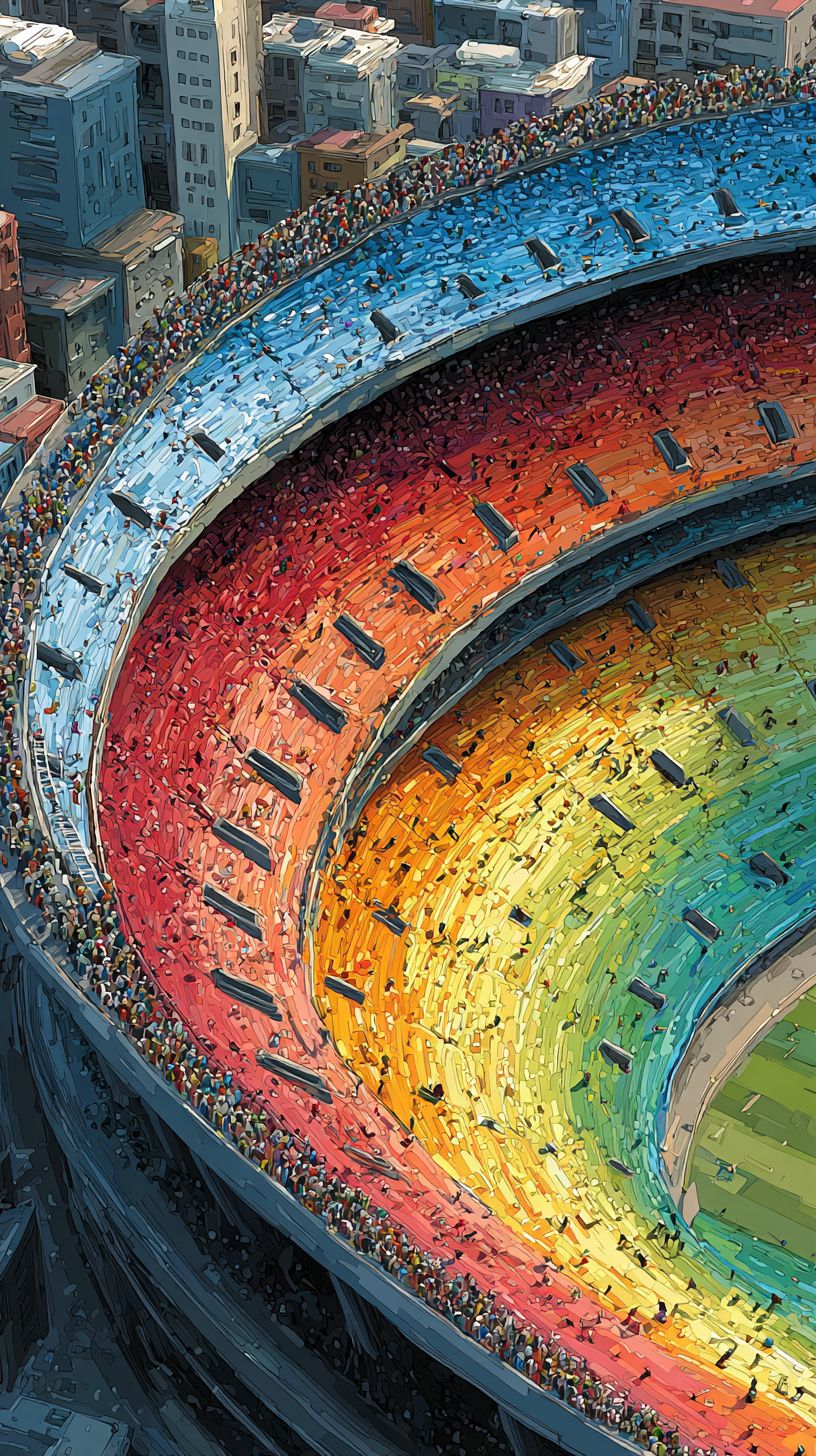A huge rainbow flag mosaic of fans in a football stadium stand