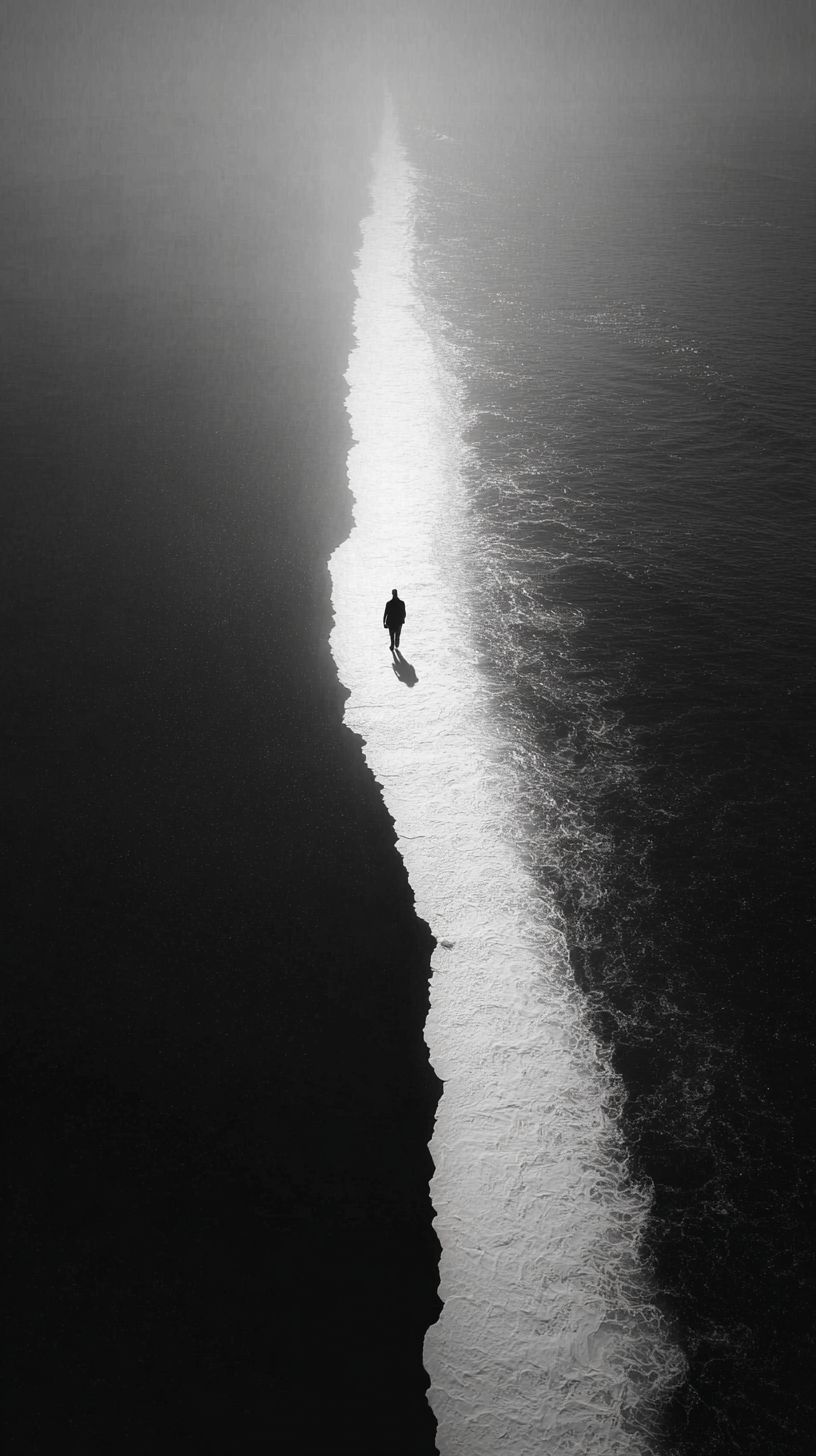 Una fotografía aérea surrealista en blanco y negro de una figura solitaria caminando por una línea de surf blanca que divide aguas oscuras y claras