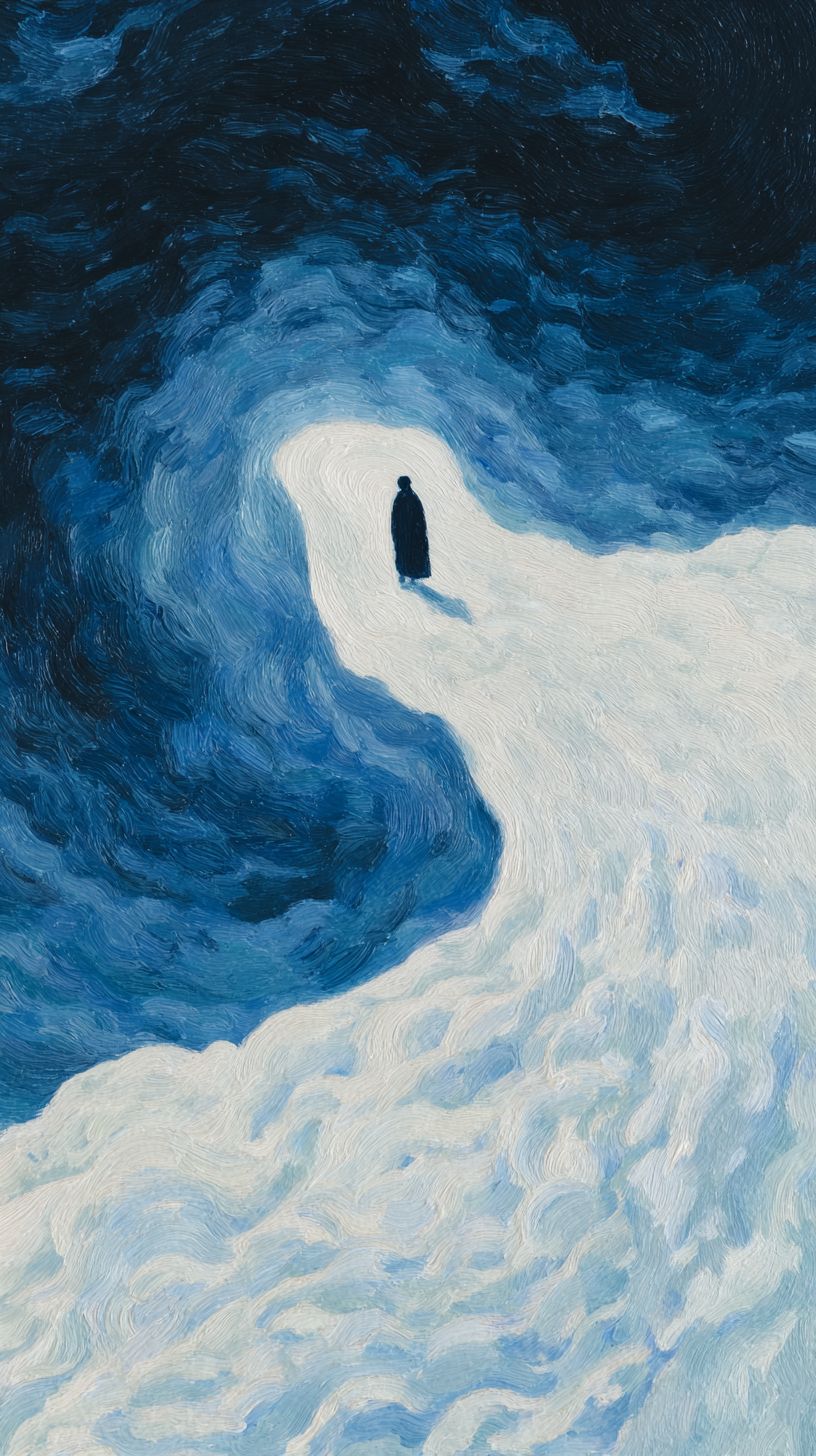A dreamy watercolor painting depicts a tiny silhouette of a man and a unique light gate in a starry sky