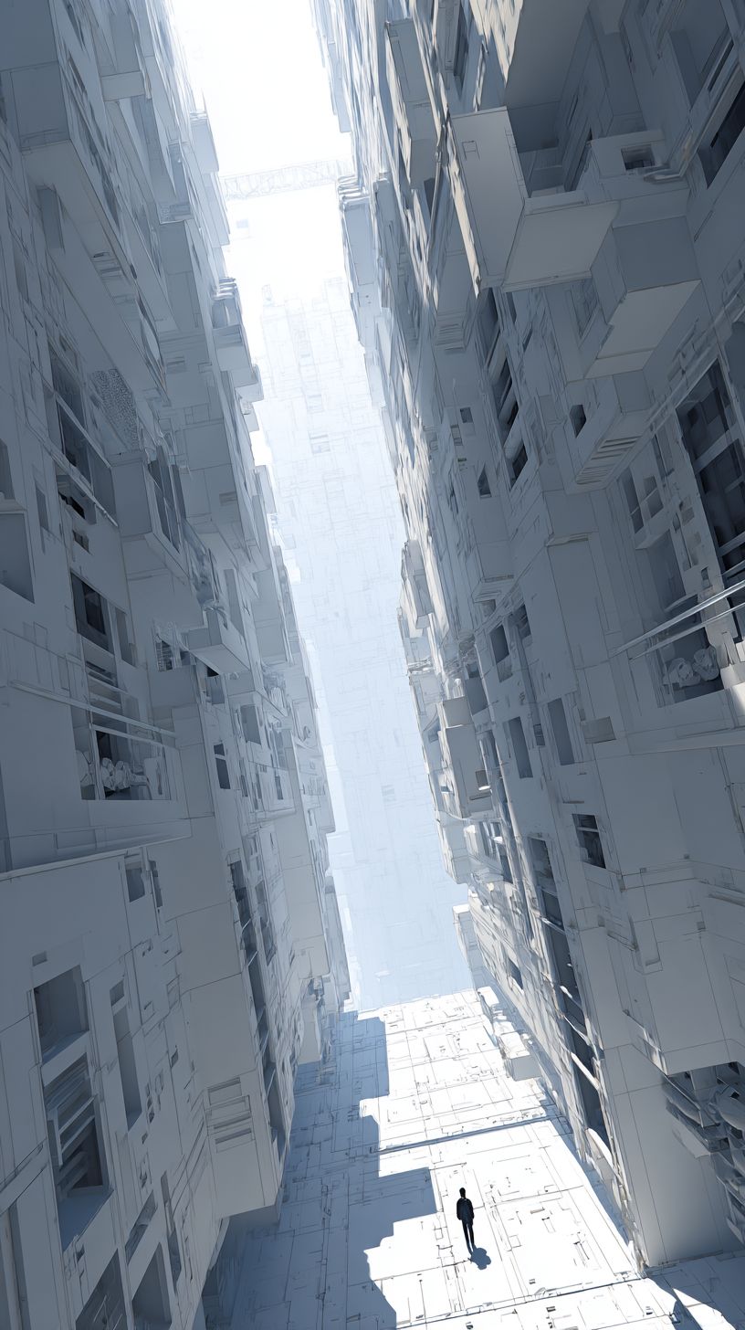 white void with minimal floating elements, Moebius inspired, cosmic architecture hints, silence of origin