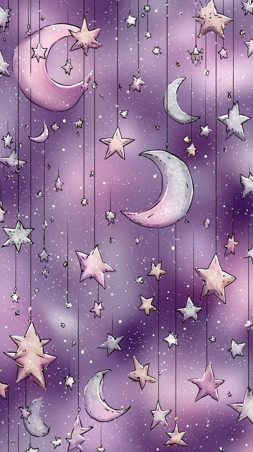 Karikaturstil Mond- und Sternmuster in sanftem Lavendel und Silber