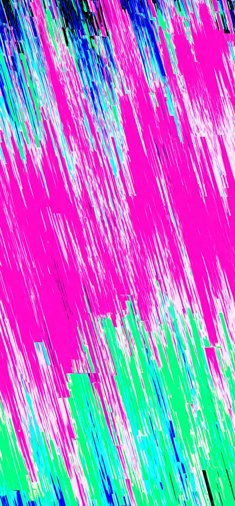 Patrón de arte glitch abstracto en rosa neón, azul y verde, con líneas distorsionadas y efectos pixelados, adecuado para fondos de pantalla digitales
