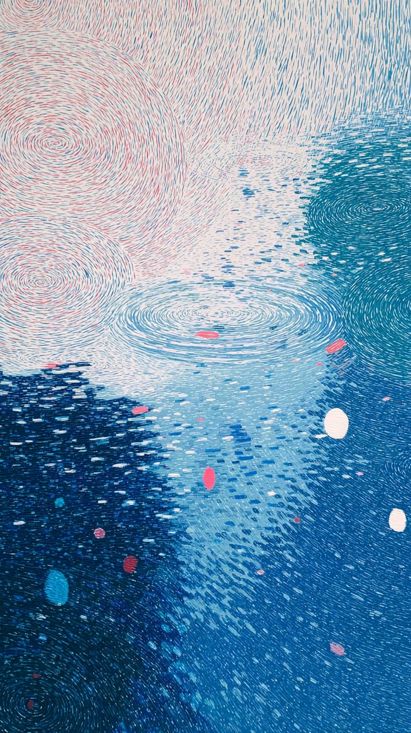 Uma imagem de fantasia retratando chuva colorida em arco-íris criando ondulações no chão com cores como fogos de artifício