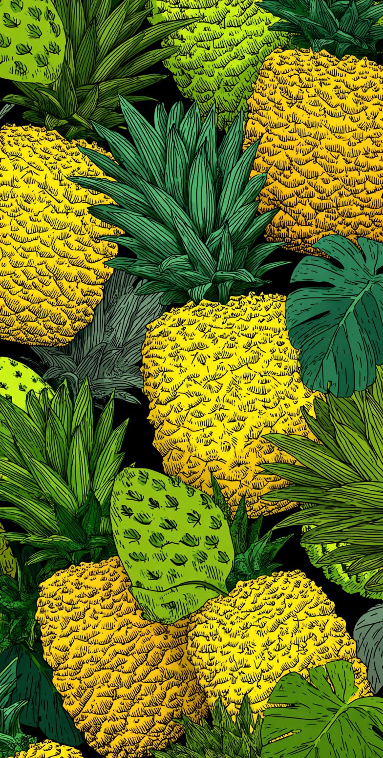 Patron de pâte d'ananas de style cartoon en jaune vif et vert, avec une ambiance tropicale ludique