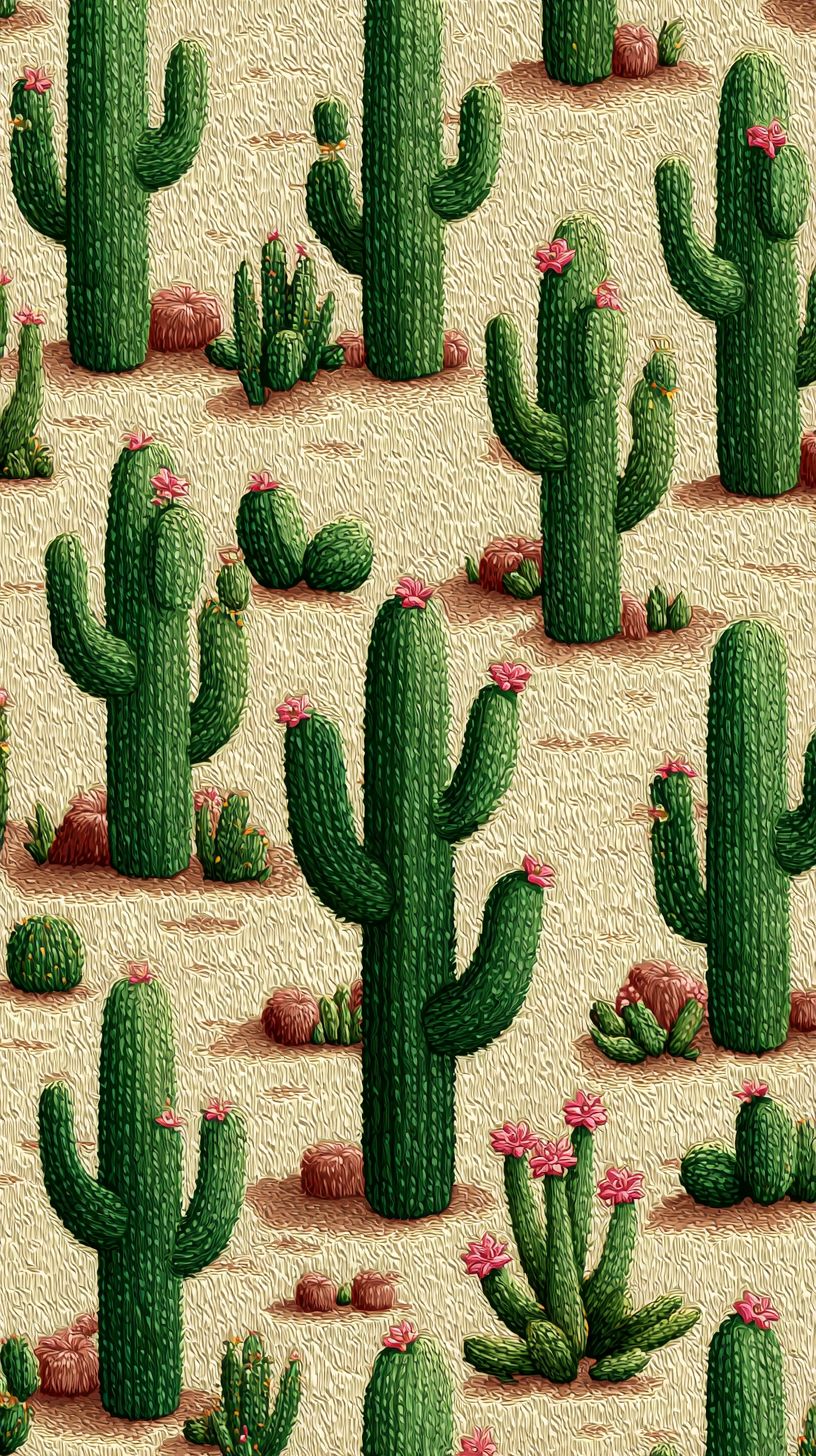 Cartoon-Stil Kaktusmuster auf sandbeigem Hintergrund mit grünen Kakteen und kleinen rosa Blumen, ideal für Handy-Hintergründe
