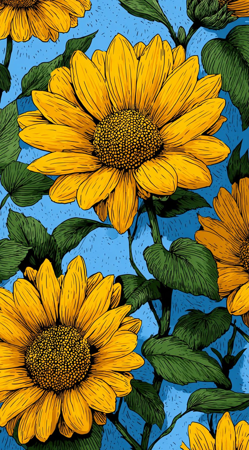 Motif de tournesol de style caricatural sur fond bleu ciel avec des fleurs jaunes vives et des feuilles vertes parfait pour les textiles