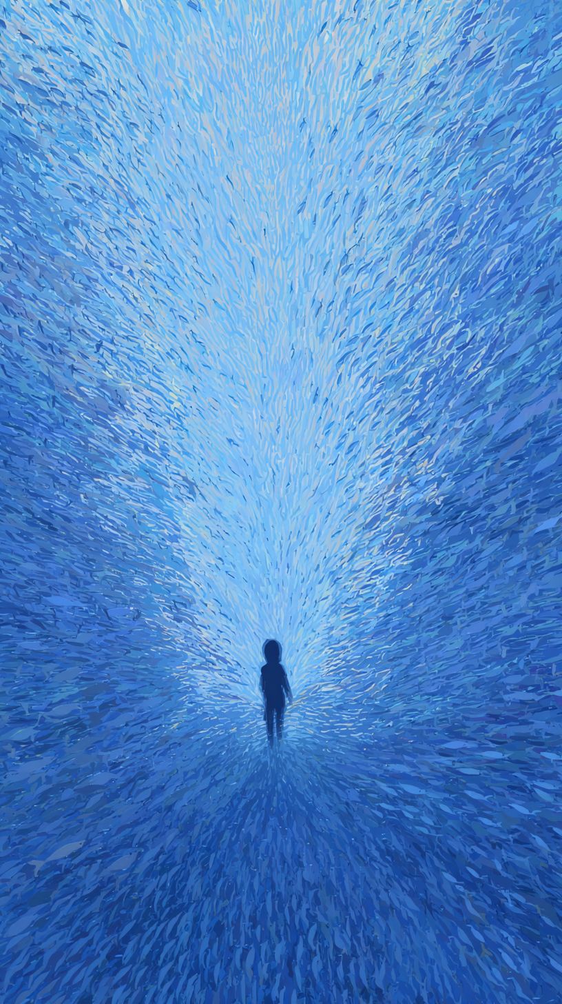 一幅超現實的夢幻場景：深藍色的魚形宇宙通道，許多白色的魚在跳躍，遠處的藍色令人驚艷