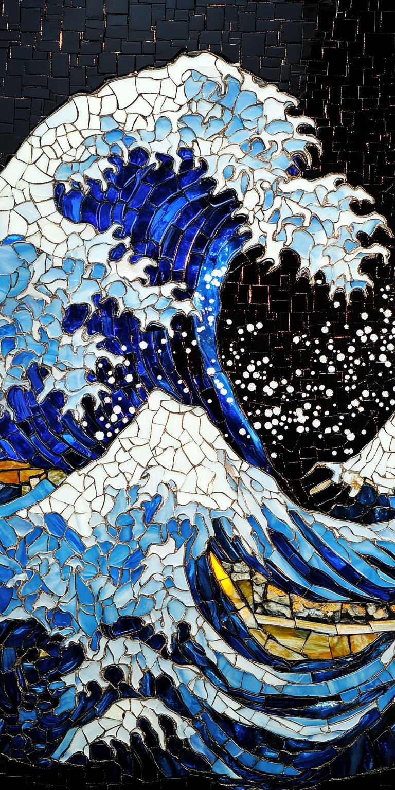 《神奈川冲浪里》的彩色玻璃马赛克风格