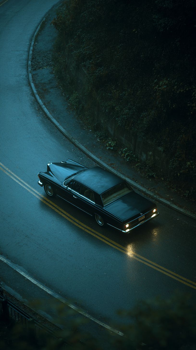A vintage black luxury car drives down an empty coastal road at night with the faint glimmer of Persian fabric visible through the rear window as moonlight reflects on the wet asphalt