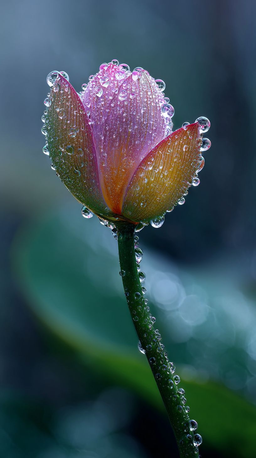 水面上盛开的花蕾沐浴在黎明的露水中