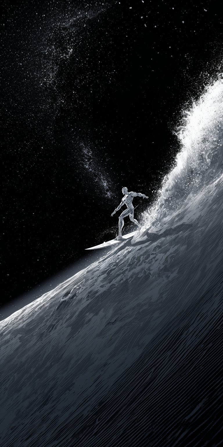 Dieses Bild zeigt den Silver Surfer, der auf einer kosmischen Welle surft