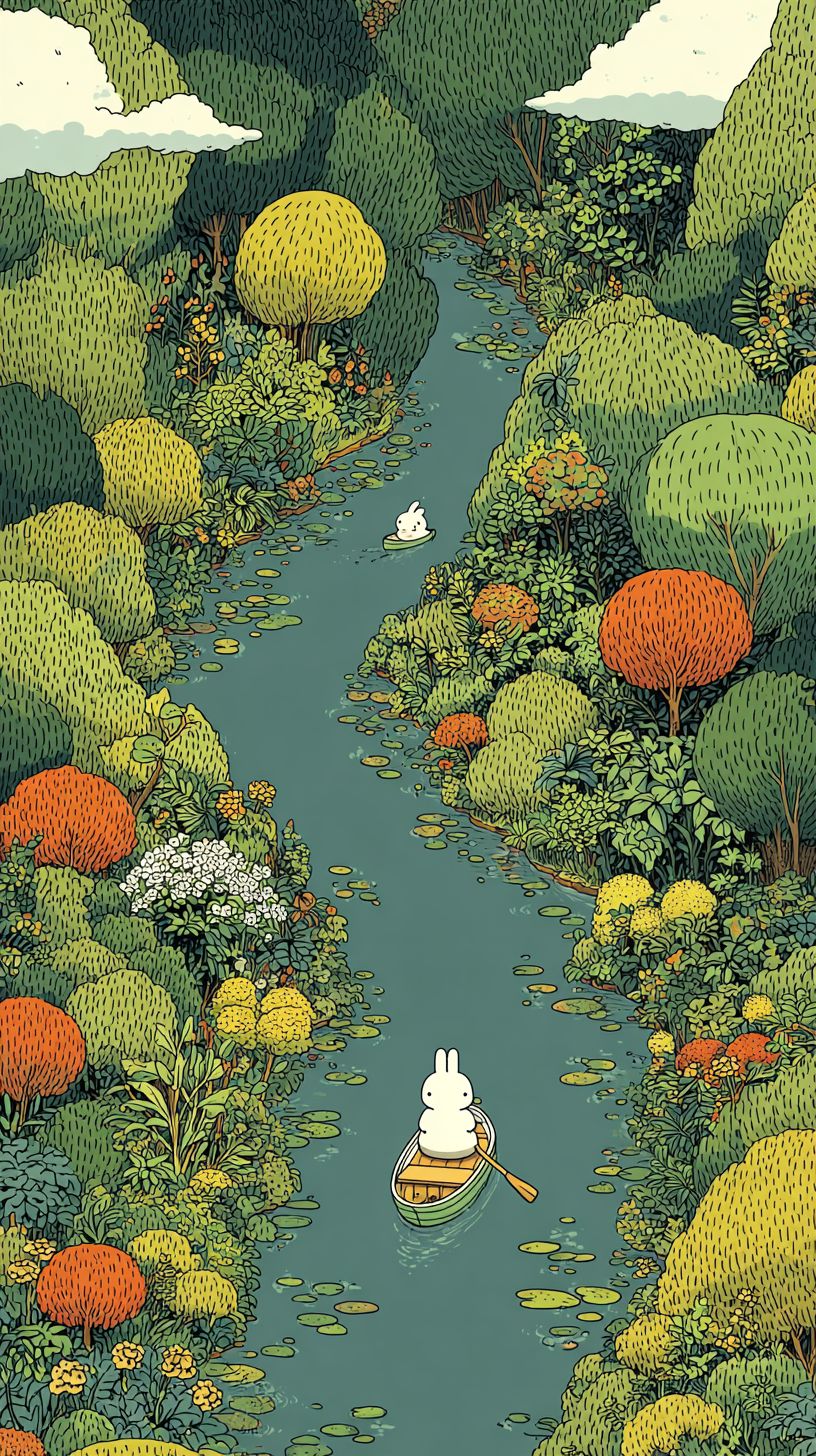 On a rainy day, two white fat rabbits are rowing on an S-shaped river