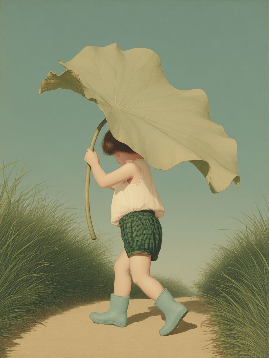 A child plays on a narrow dirt path, wearing a simple white sleeveless top and green plaid shorts, holding a large lotus leaf above their head